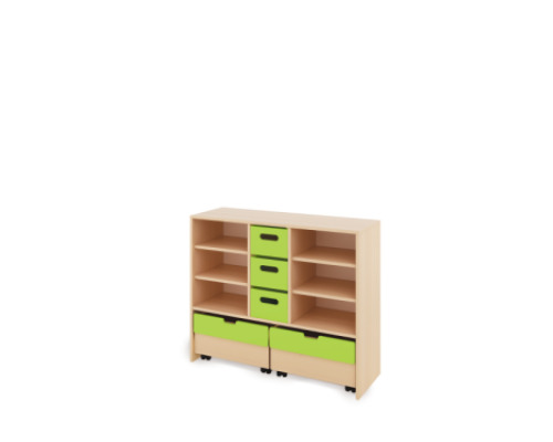 Storage Unit L with shelves + with deep wooden trays & container - Green