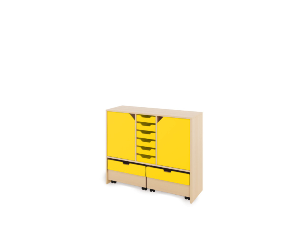 Storage Unit L with shelves and doors + shallow cardboard trays & container - Yellow