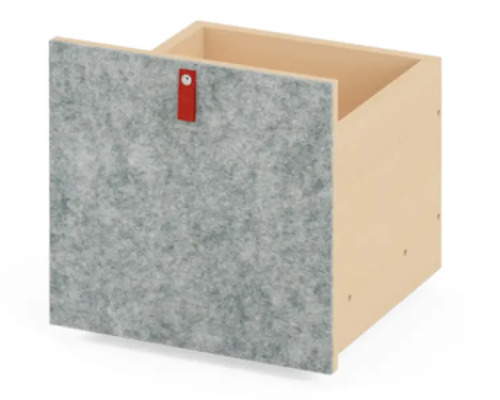Grey narrow wheeled storage box with felt front. Cubo Acoustic Collection