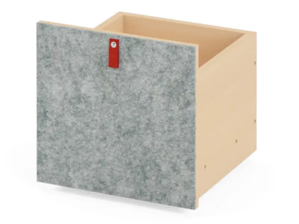 Grey narrow wheeled storage box with felt front. Cubo Acoustic Collection