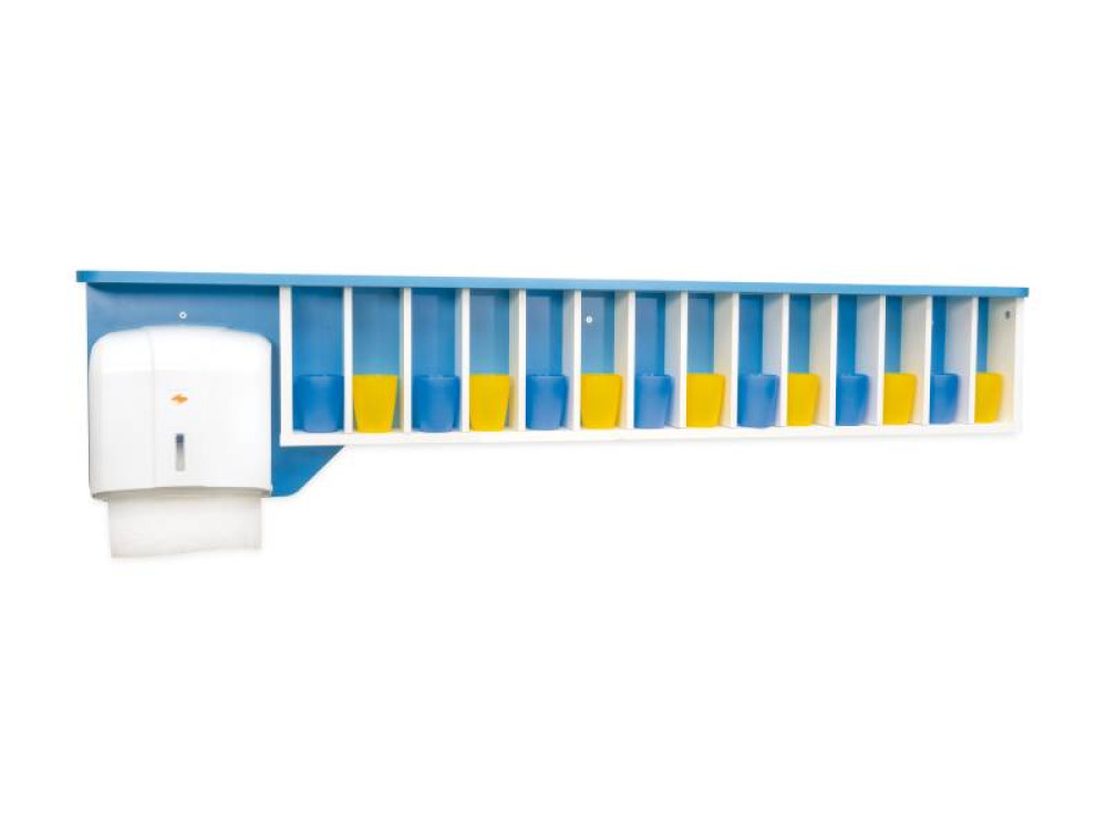 Bathroom shelf for cups with paper towel dispenser. Azure blue. Cubo collection