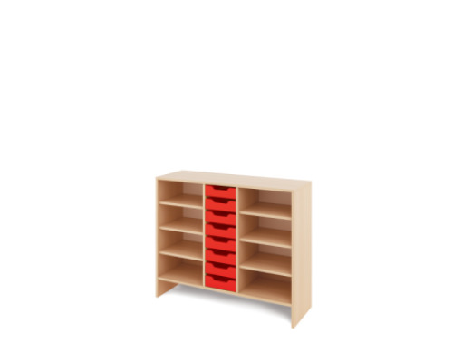 Storage Unit L with shelves + shallow wooden trays - Red