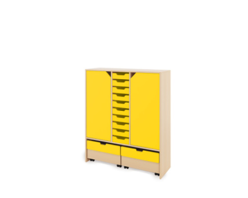 Storage Unit XL with shelves and doors + shallow wooden trays & container - Yellow