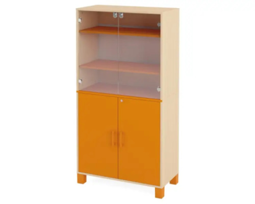 A tall wardrobe with shelves, glass doors and a door with a lock. Orange. Fresh Collection