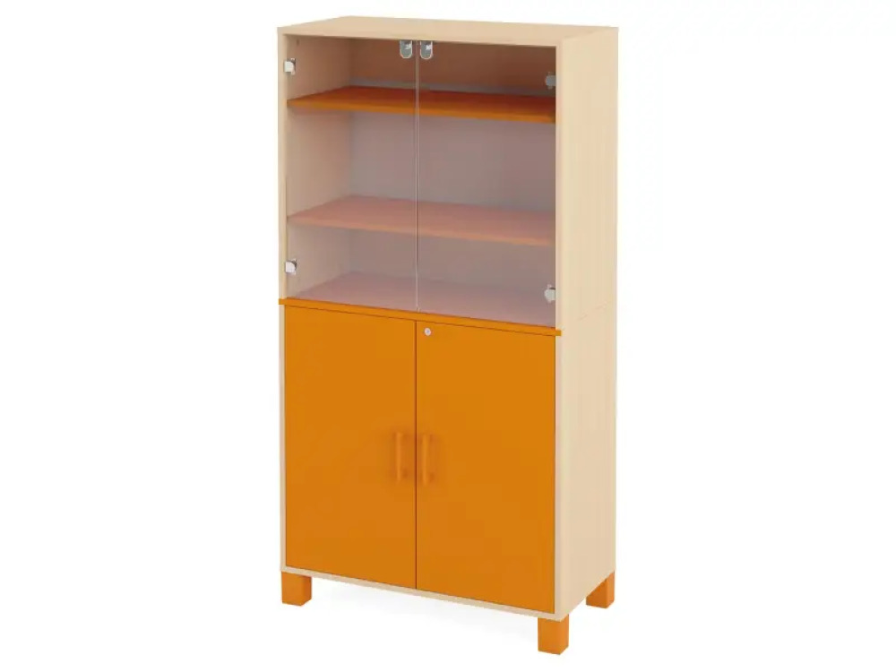 A tall wardrobe with shelves, glass doors and a door with a lock. Orange. Fresh Collection