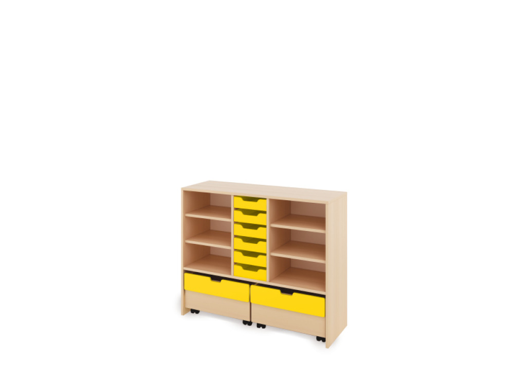 Storage Unit L with shelves + shallow cardboard trays & container - Yellow