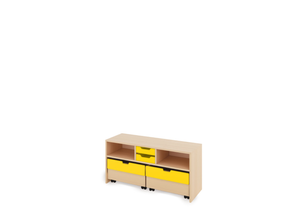 Storage Unit S with shelves + shallow cardboard trays & container - Yellow