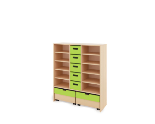 Storage Unit XL with shelves + with deep wooden trays & container - Green