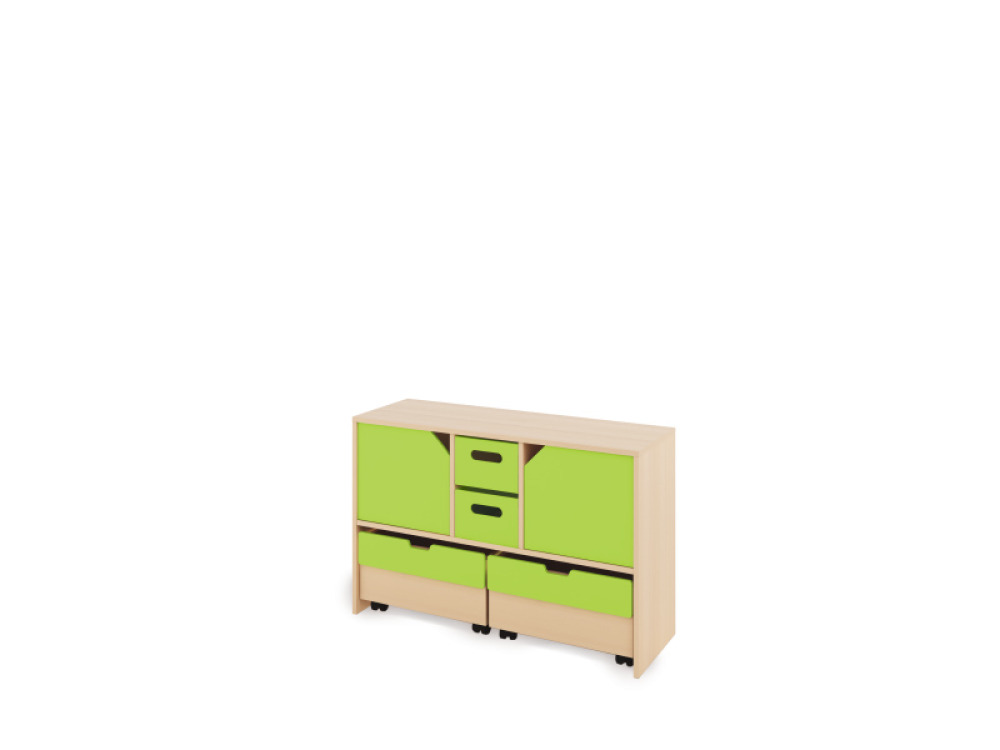 Storage Unit M with shelves and doors + with deep wooden trays & container - Green