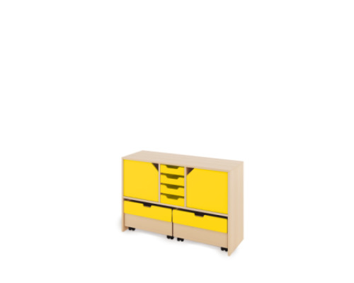 Storage Unit M with shelves and doors + shallow wooden trays & container - Yellow