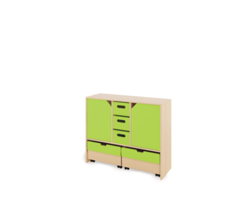 Storage Unit L with shelves and doors + deep cardboard trays & container - Green