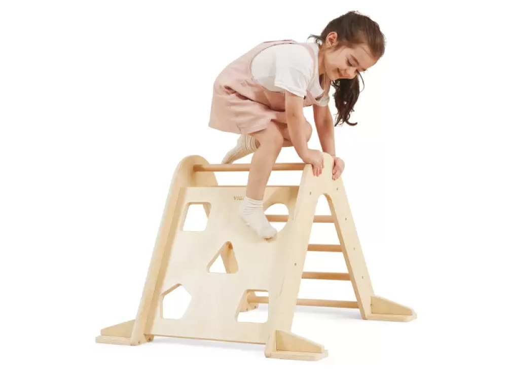Ladder with climbing wall. Wooden gymnastics equipment