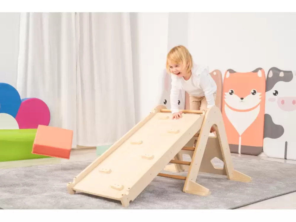 Ladder with climbing wall. Wooden gymnastics equipment
