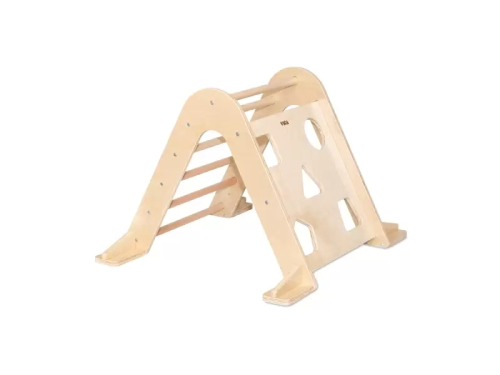 Ladder with climbing wall. Wooden gymnastics equipment
