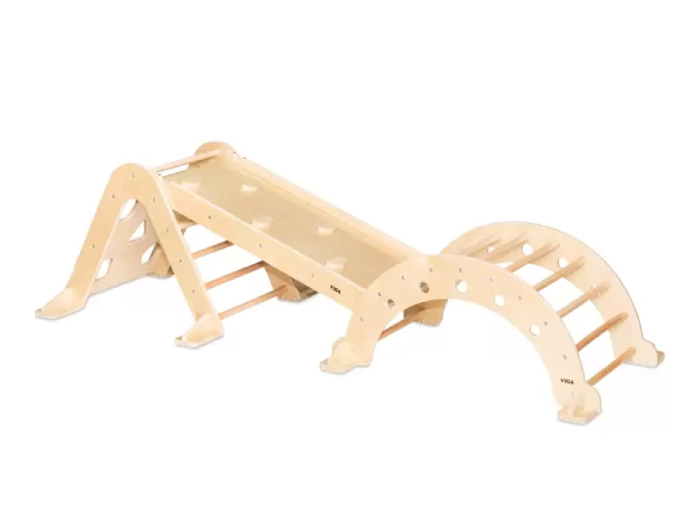 Ladder with climbing wall. Wooden gymnastics equipment