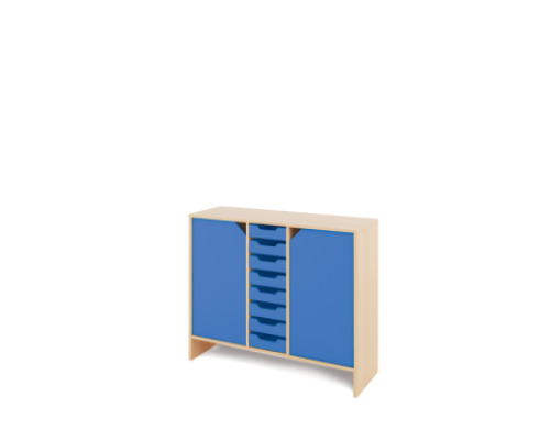 Storage Unit L with shelves and doors + shallow wooden trays - Blue