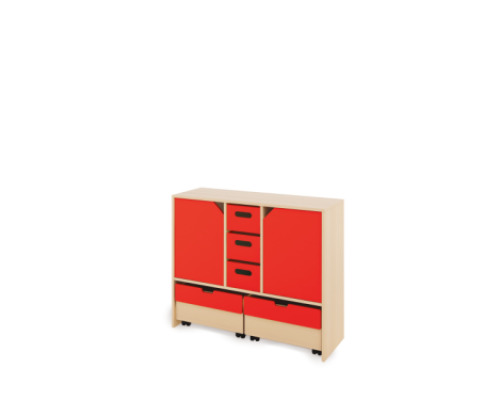 Storage Unit L with shelves and doors + deep cardboard trays & container - Red