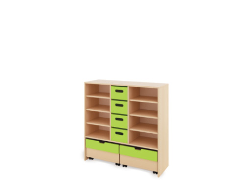Storage Unit X with shelves + deep cardboard trays & container - Green