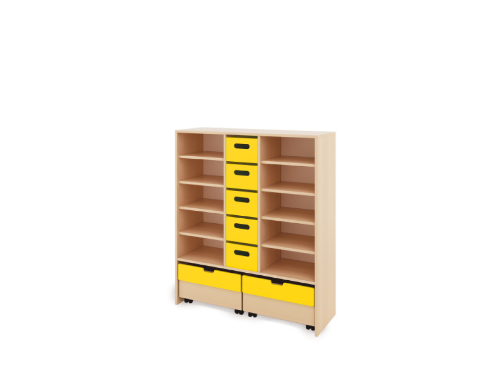 Storage Unit XL with shelves + with deep wooden trays & container - Yellow