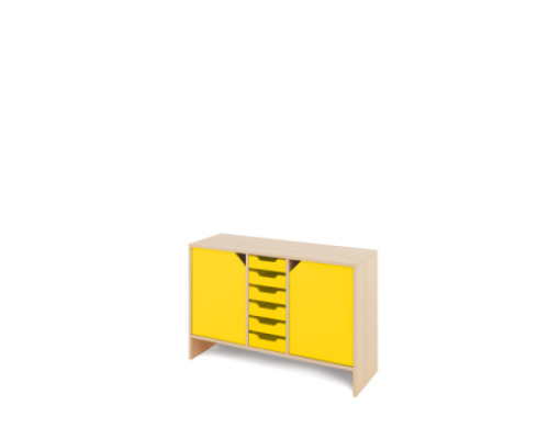 Storage Unit M with shelves and doors + shallow cardboard trays - Yellow