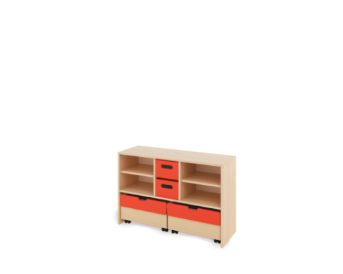 Storage Unit M with shelves + with deep wooden trays & container - Red
