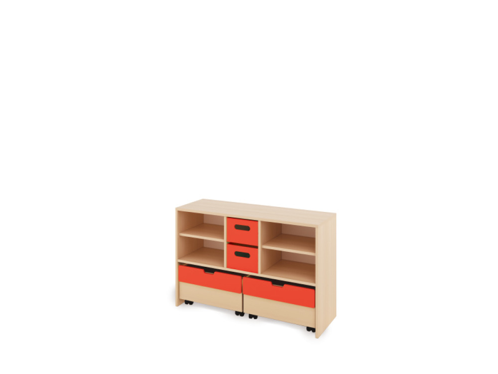 Storage Unit M with shelves + with deep wooden trays & container - Red