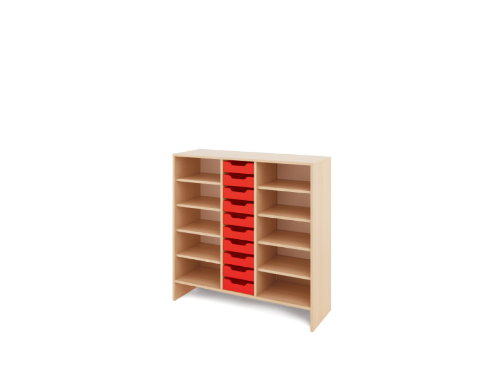 Storage Unit X with shelves + shallow wooden trays - Red