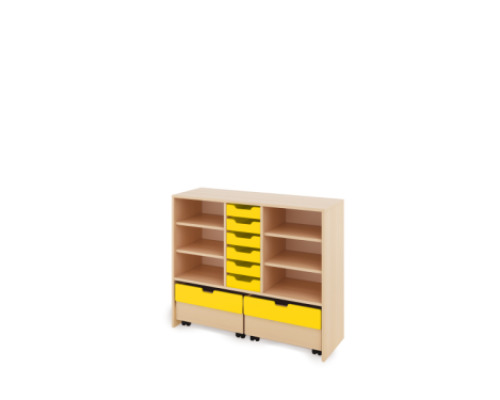 Storage Unit L with shelves + shallow wooden trays & container - Yellow