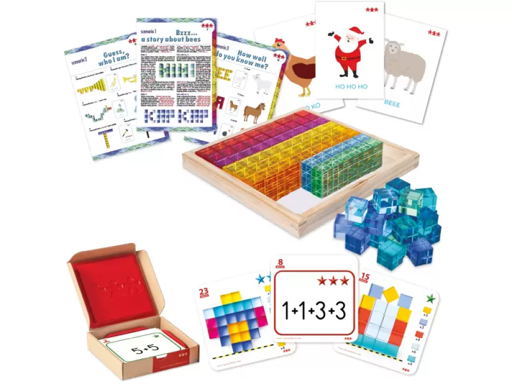Mirror tray with acrylic cubes. Math and speech therapy set with activity scenarios