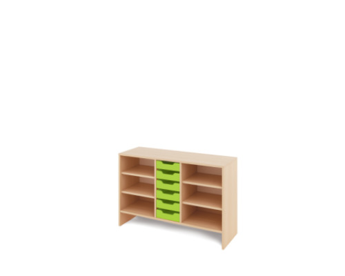 Storage Unit M with shelves + shallow wooden trays - Green