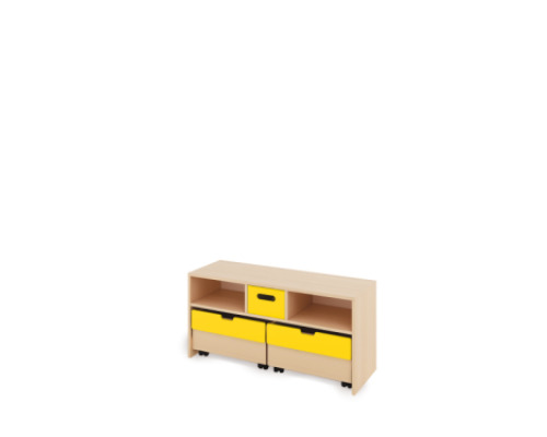 Storage Unit S with shelves + with deep wooden trays & container - Yellow