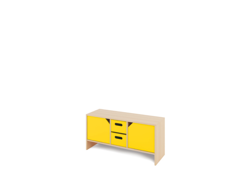 Storage Unit S with shelves and doors + deep wooden trays - Yellow