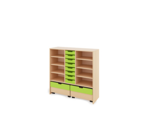 Storage Unit X with shelves + shallow cardboard trays & container - Green