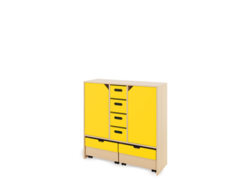 Storage Unit X with shelves and doors + deep cardboard trays & container - Yellow