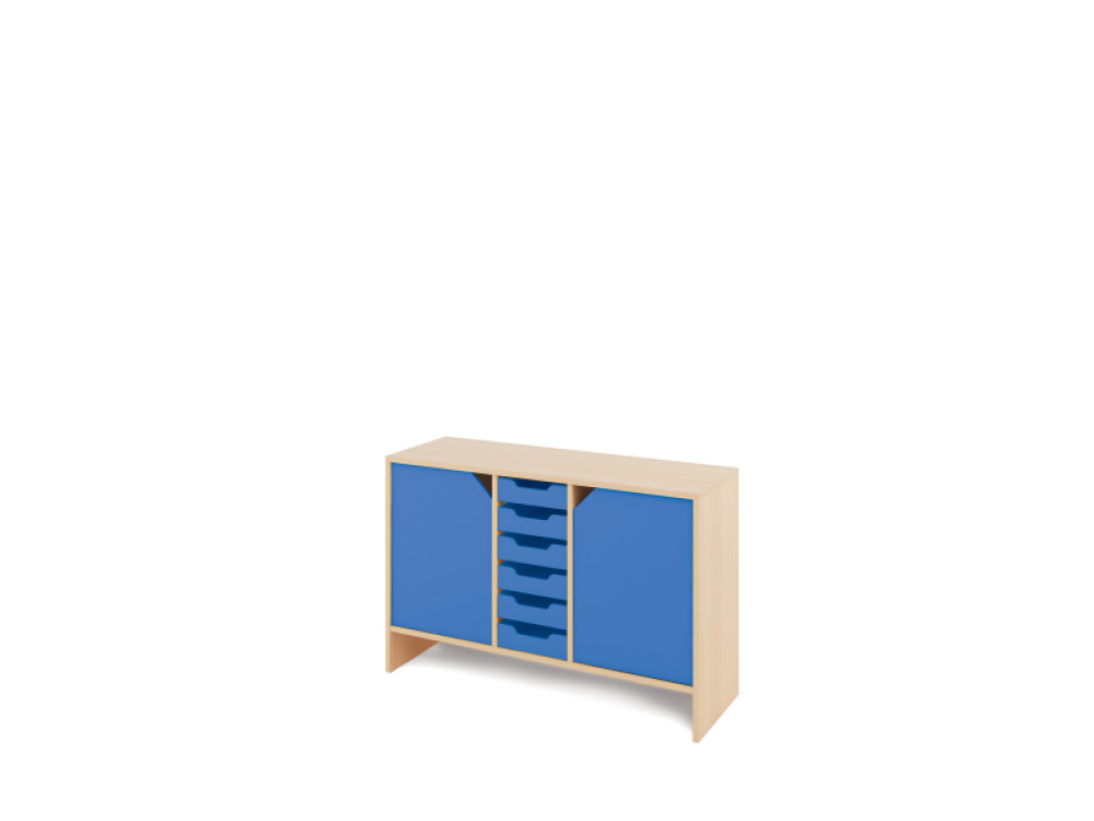 Storage Unit M with shelves and doors + shallow wooden trays - Blue