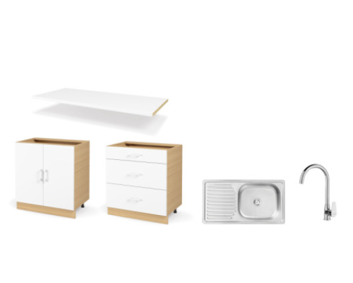 DUO set right 1.60 m with countertop in crystal white colour. Master Kitchen Collection