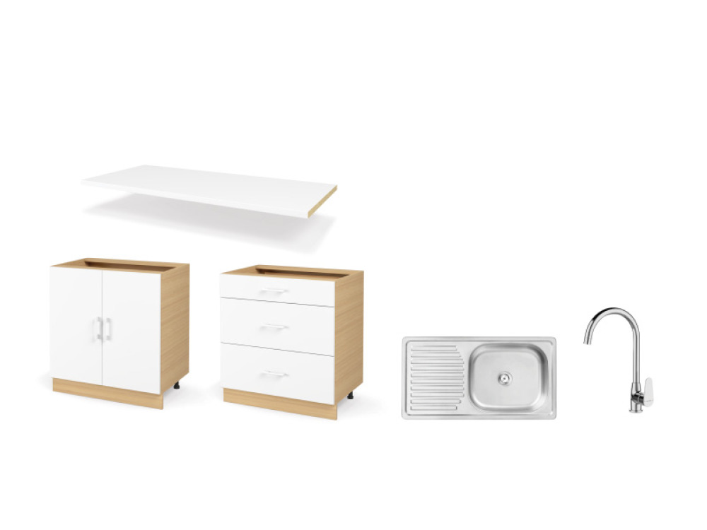 DUO set right 1.60 m with countertop in crystal white colour. Master Kitchen Collection