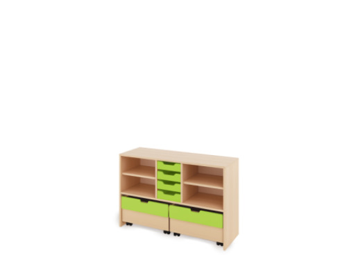 Storage Unit M with shelves + shallow wooden trays & container - Green