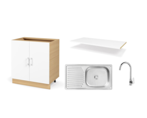 UNO set. Kitchen cabinet 80 cm with sink, faucet and countertop in crystal white colour. Master Kitchen Collection
