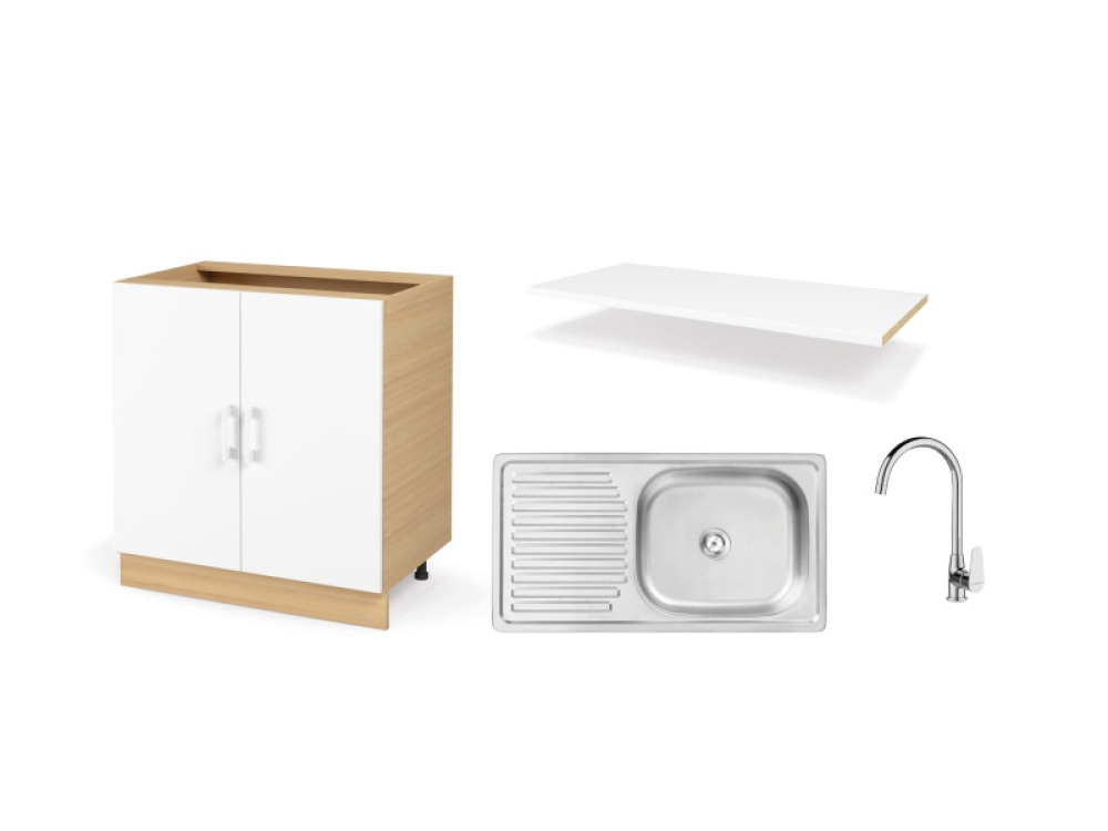 UNO set. Kitchen cabinet 80 cm with sink, faucet and countertop in crystal white colour. Master Kitchen Collection