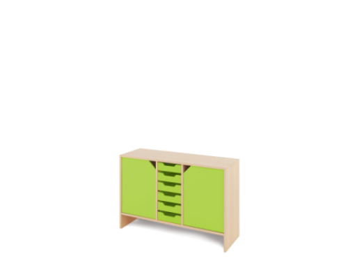 Storage Unit M with shelves and doors + shallow wooden trays - Green