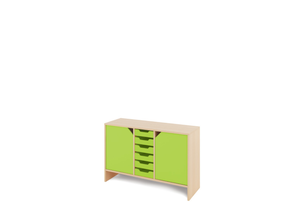 Storage Unit M with shelves and doors + shallow wooden trays - Green