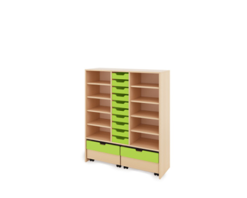 Storage Unit XL with shelves + shallow cardboard trays & container - Green