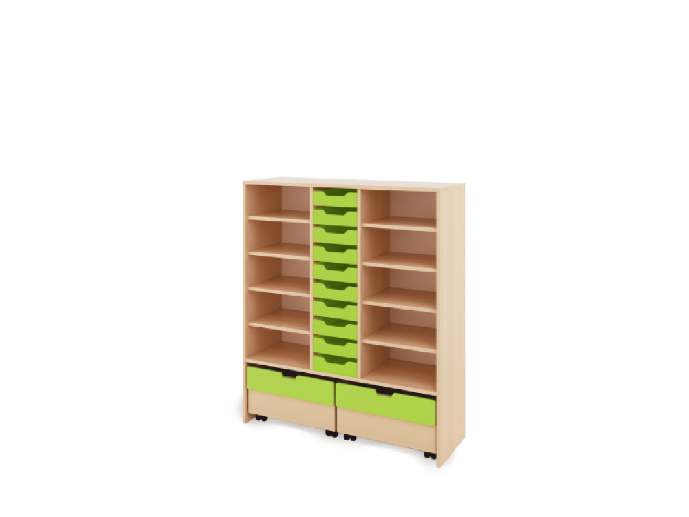 Storage Unit XL with shelves + shallow cardboard trays & container - Green