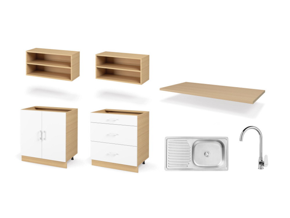 DUO PREMIUM set left 1.60 m with countertop in oiled oak colour. Master Kitchen Collection
