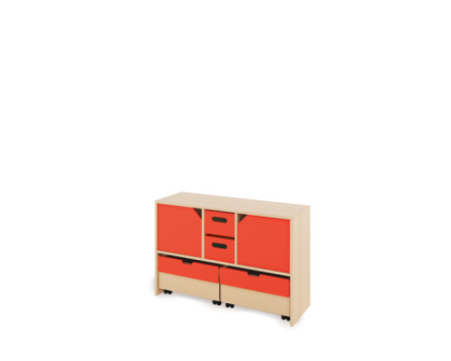 Storage Unit M with shelves and doors + with deep wooden trays & container - Red