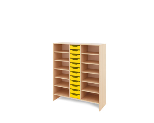 Storage Unit XL with shelves + shallow wooden trays - Yellow