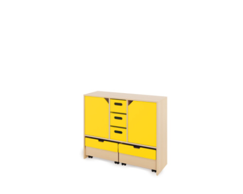 Storage Unit L with shelves and doors + deep cardboard trays & container - Yellow