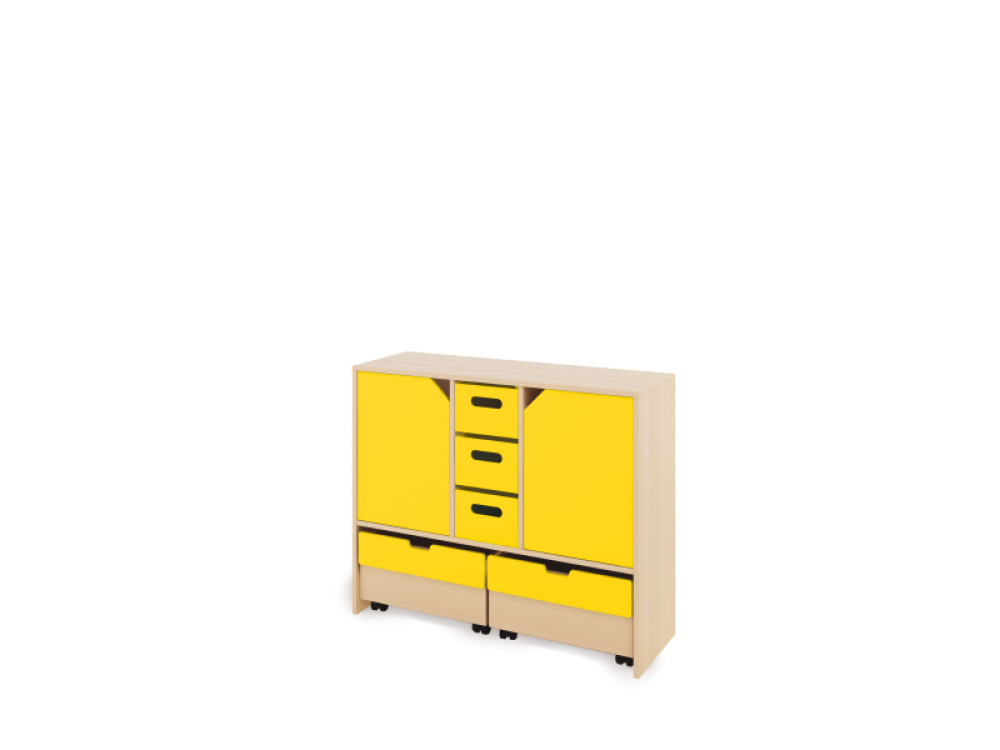 Storage Unit L with shelves and doors + deep cardboard trays & container - Yellow