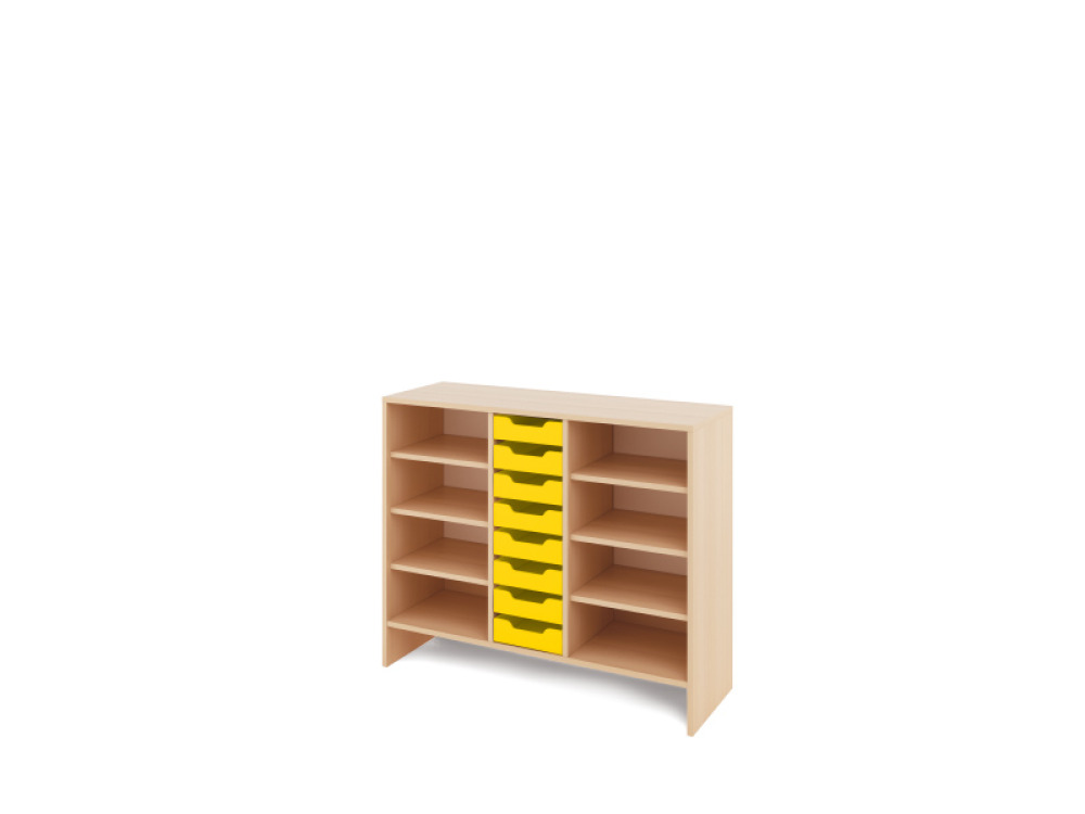 Storage Unit L with shelves + shallow cardboard trays - Yellow